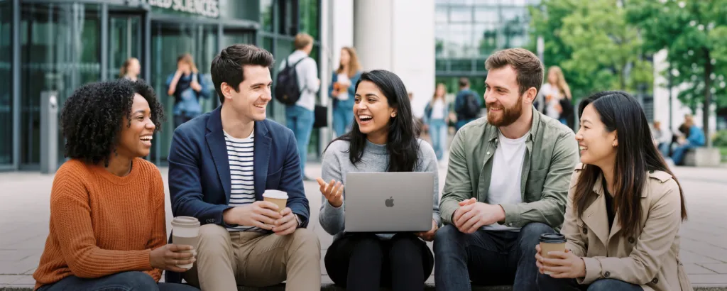 Fünf junge Studierende sitzen lachend vor einem Universitätsgebäude mit Laptop und Kaffee in der Hand.