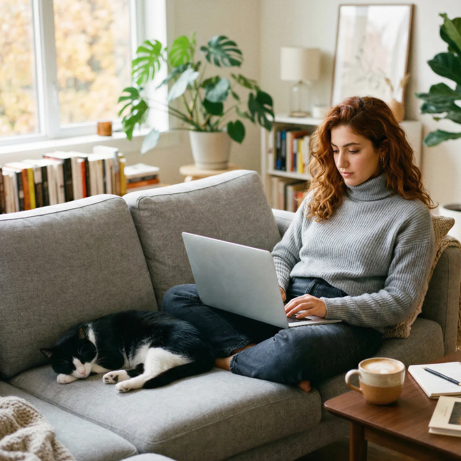 Eine junge Frau sitzt auf einem Sofa und arbeitet am Laptop. Neben ihr liegt eine Katze. Im Hintergrund Pflanzen und Bücherregale.