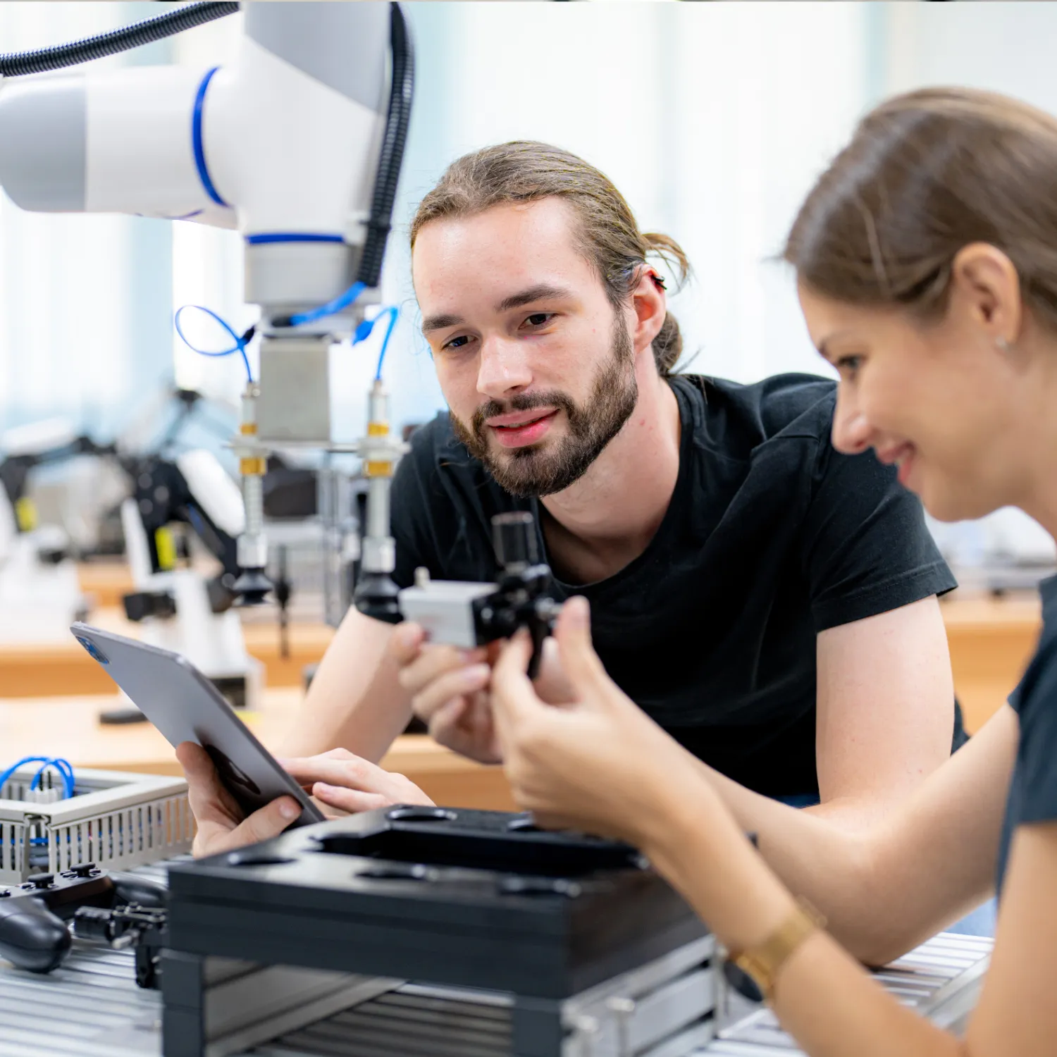 Ein junger Mann und eine junge Frau arbeiten gemeinsam an einem Roboterarm in einem Technik- oder Forschungslabor.