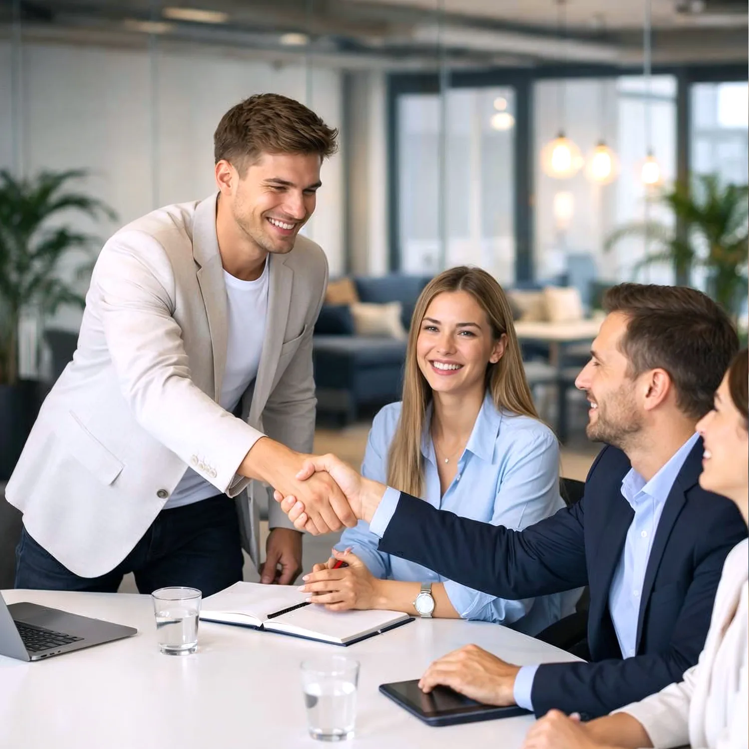Zwei junge Männer geben sich im Meeting die Hand, zwei junge Frauen sitzen lächelnd dabei am Konferenztisch.