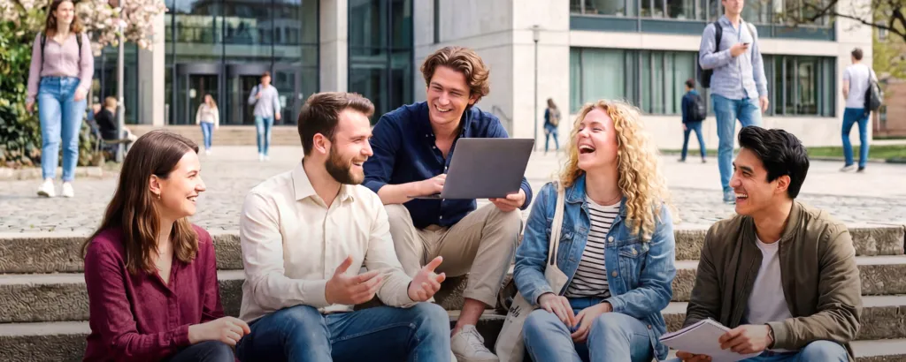 Fünf junge Studierende sitzen lachend auf Treppenstufen vor einem Universitätsgebäude mit Laptop und Notizbuch.